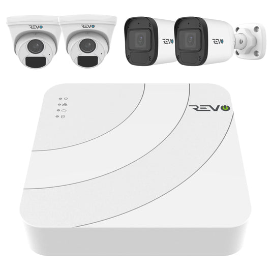 REVO ULTRA BLUE SERIES 4CH 4K PoE H.265 NVR, 1TB & 4x 5 Megapixel Indoor/Outdoor IR Cameras with built-in Mic – Remote access via PC, MAC & Phone