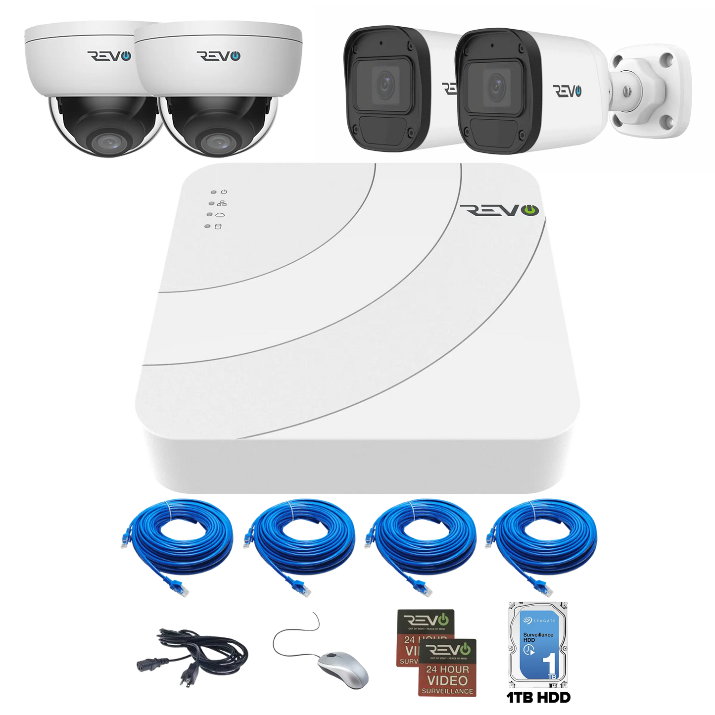 REVO ULTRA BLUE SERIES 4CH 4K PoE H.265 NVR, 1TB & 4x 5 Megapixel Indoor/Outdoor IR Cameras with – Remote access via PC, MAC & Phone