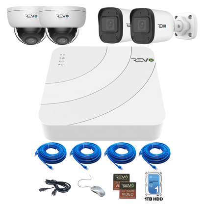 REVO ULTRA BLUE SERIES 4CH 4K PoE H.265 NVR, 1TB & 4x 5 Megapixel Indoor/Outdoor IR Cameras with – Remote access via PC, MAC & Phone