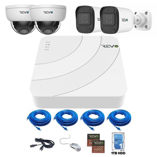 REVO ULTRA BLUE SERIES 4CH 4K PoE H.265 NVR, 1TB & 4x 5 Megapixel Indoor/Outdoor IR Cameras with – Remote access via PC, MAC & Phone