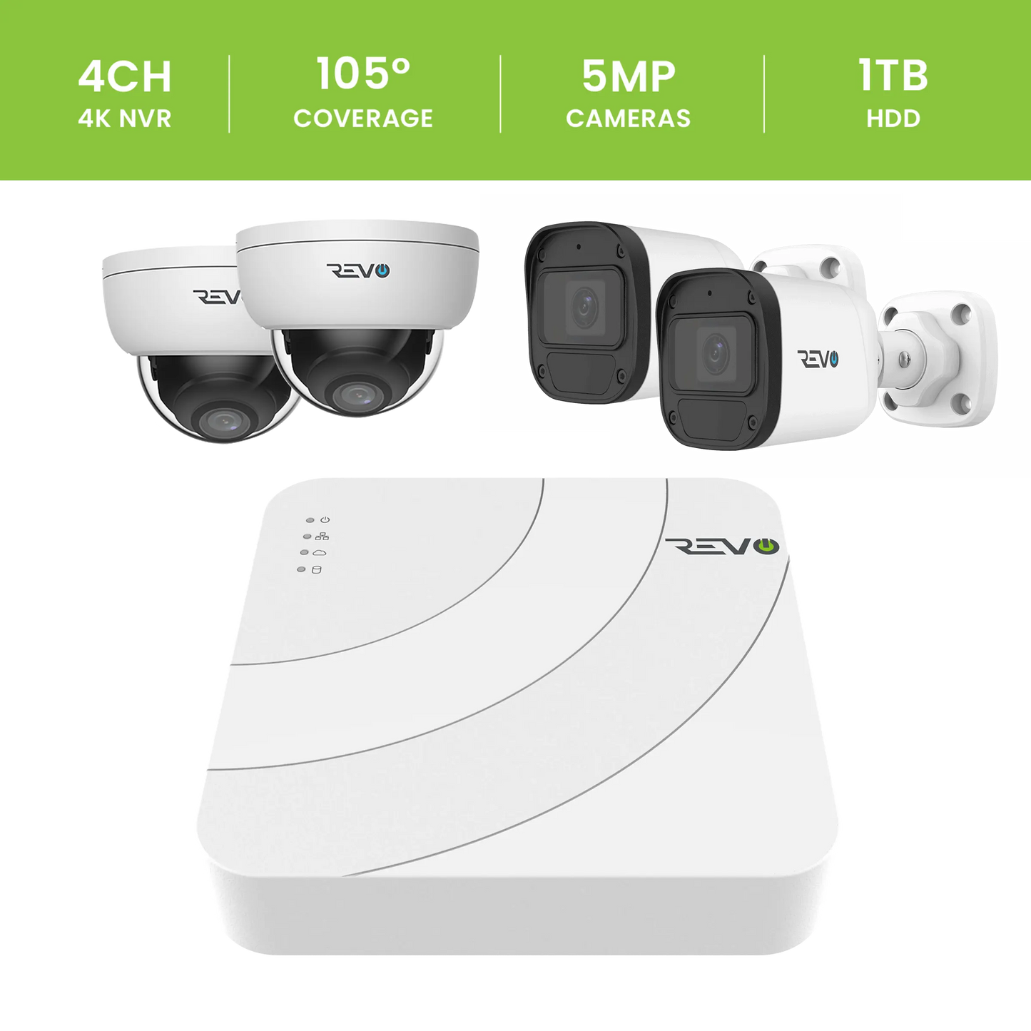 REVO ULTRA BLUE SERIES 4CH 4K PoE H.265 NVR, 1TB & 4x 5 Megapixel Indoor/Outdoor IR Cameras with – Remote access via PC, MAC & Phone