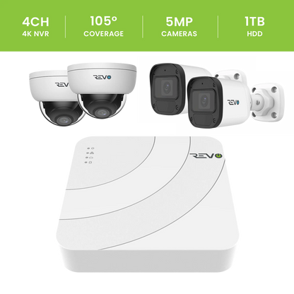 REVO ULTRA BLUE SERIES 4CH 4K PoE H.265 NVR, 1TB & 4x 5 Megapixel Indoor/Outdoor IR Cameras with – Remote access via PC, MAC & Phone