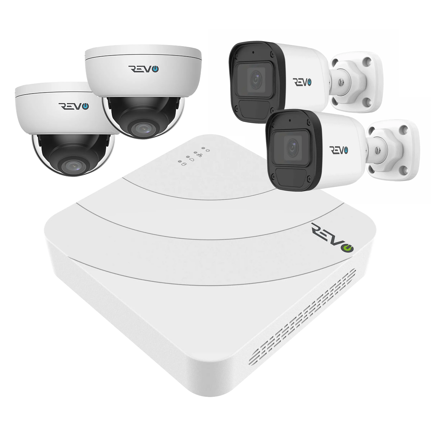 REVO ULTRA BLUE SERIES 4CH 4K PoE H.265 NVR, 1TB & 4x 5 Megapixel Indoor/Outdoor IR Cameras with – Remote access via PC, MAC & Phone