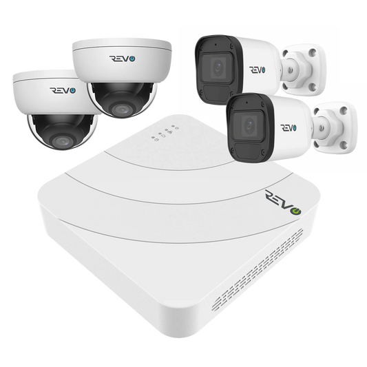 REVO ULTRA BLUE SERIES 4CH 4K PoE H.265 NVR, 1TB & 4x 5 Megapixel Indoor/Outdoor IR Cameras with – Remote access via PC, MAC & Phone