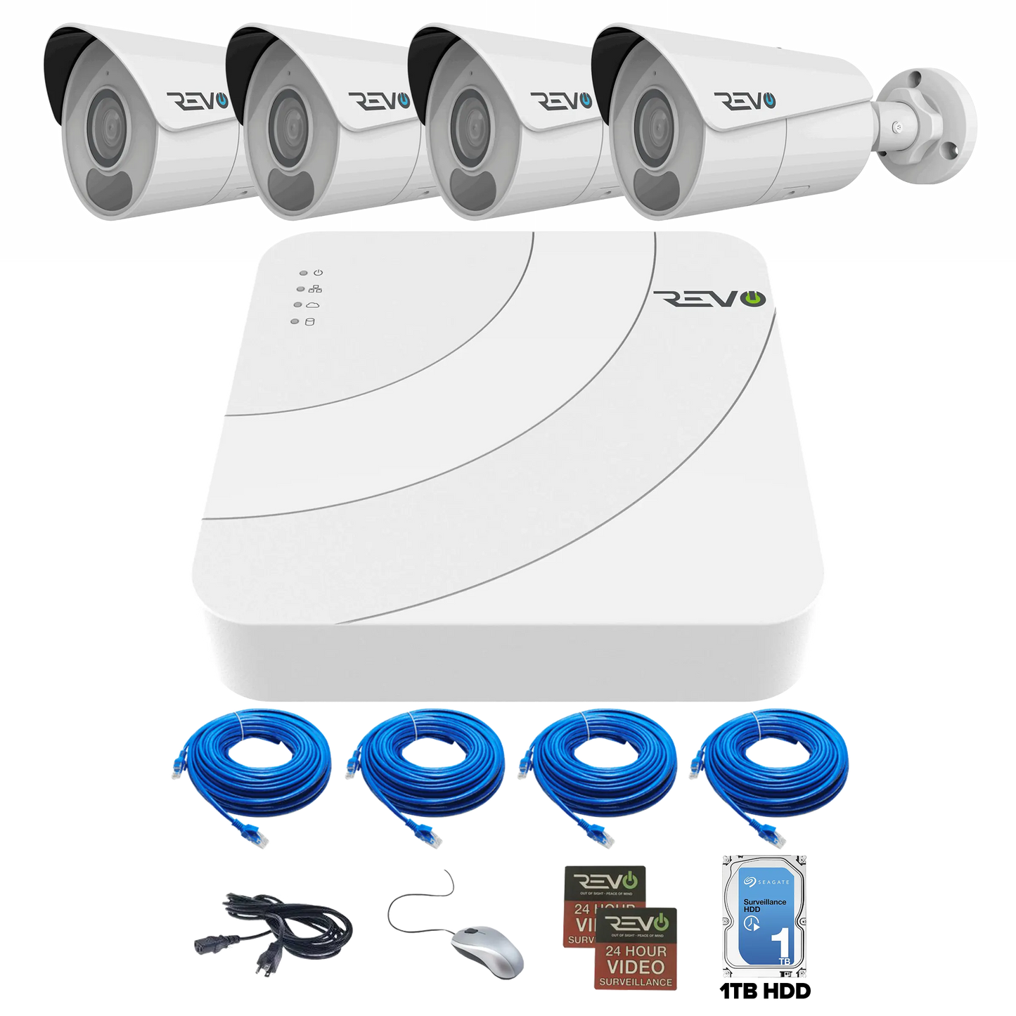 REVO ULTRA BLUE SERIES 4CH 4K PoE H.265 NVR, 1TB & 4x 4K (8 Megapixel) Indoor/Outdoor IR Cameras with built-in Mic – Remote access via PC, MAC & Phone  