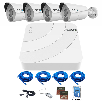 REVO ULTRA BLUE SERIES 4CH 4K PoE H.265 NVR, 1TB & 4x 4K (8 Megapixel) Indoor/Outdoor IR Cameras with built-in Mic – Remote access via PC, MAC & Phone  