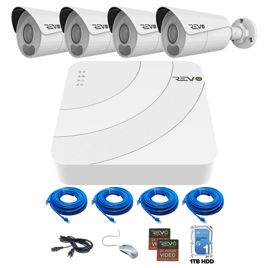 REVO ULTRA BLUE SERIES 4CH 4K PoE H.265 NVR, 1TB & 4x 4K (8 Megapixel) Indoor/Outdoor IR Cameras with built-in Mic – Remote access via PC, MAC & Phone  