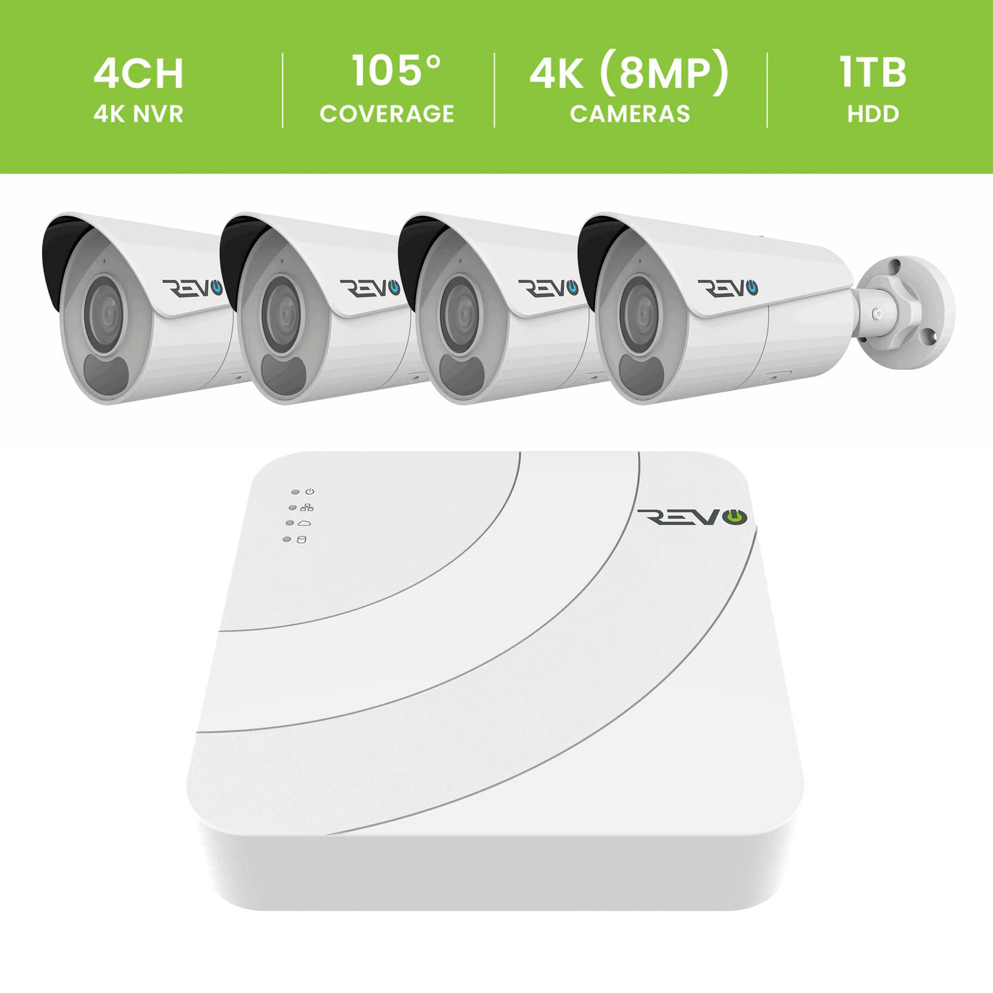 REVO ULTRA BLUE SERIES 4CH 4K PoE H.265 NVR, 1TB & 4x 4K (8 Megapixel) Indoor/Outdoor IR Cameras with built-in Mic – Remote access via PC, MAC & Phone  