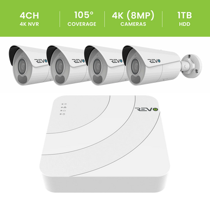 REVO ULTRA BLUE SERIES 4CH 4K PoE H.265 NVR, 1TB & 4x 4K (8 Megapixel) Indoor/Outdoor IR Cameras with built-in Mic – Remote access via PC, MAC & Phone  