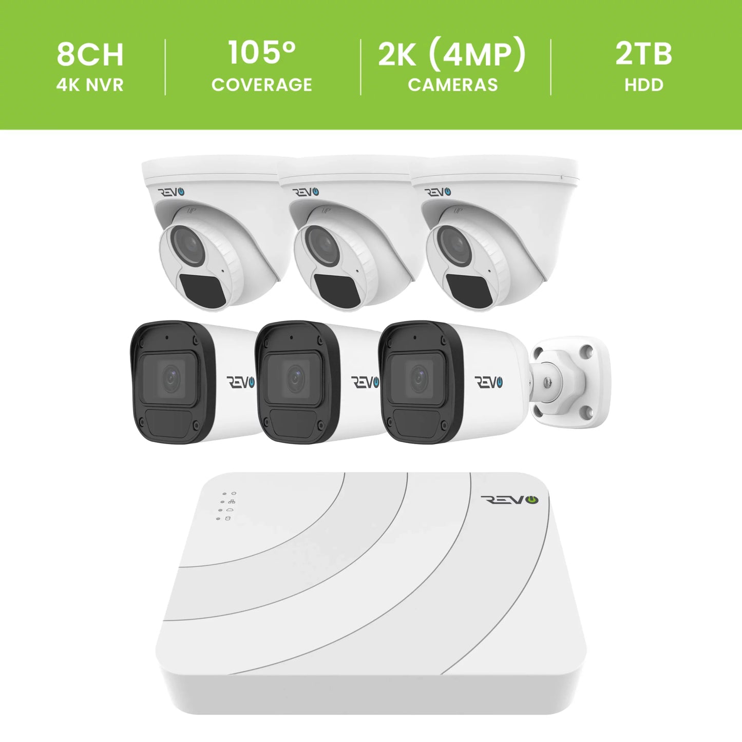 REVO ULTRA BLUE SERIES 8CH 4K PoE H.265 NVR, 2TB & 6x 2K (4MP) Indoor/Outdoor IR Cameras with built-in Mic – Remote access via PC, MAC & Phone