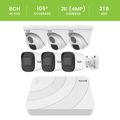 REVO ULTRA BLUE SERIES 8CH 4K PoE H.265 NVR, 2TB & 6x 2K (4MP) Indoor/Outdoor IR Cameras with built-in Mic – Remote access via PC, MAC & Phone