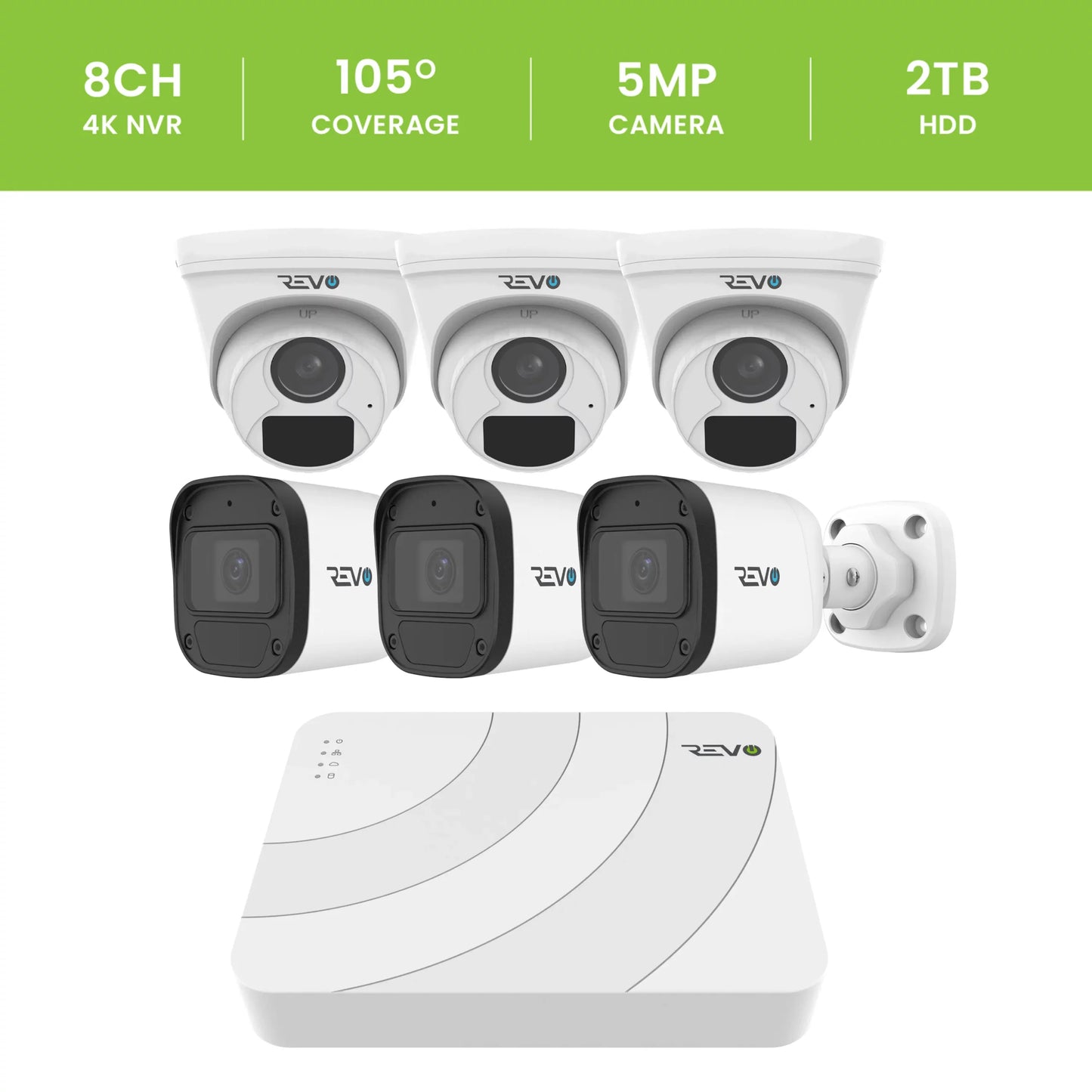 REVO ULTRA BLUE SERIES 8CH 4K PoE H.265 NVR, 2TB & 6x 5 Megapixel Indoor/Outdoor IR Cameras with built-in Mic – Remote access via PC, MAC & Phone