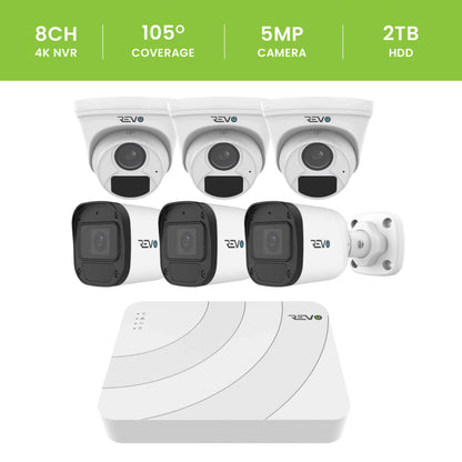 REVO ULTRA BLUE SERIES 8CH 4K PoE H.265 NVR, 2TB & 6x 5 Megapixel Indoor/Outdoor IR Cameras with built-in Mic – Remote access via PC, MAC & Phone