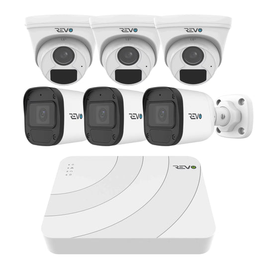 REVO ULTRA BLUE SERIES 8CH 4K PoE H.265 NVR, 2TB & 6x 5 Megapixel Indoor/Outdoor IR Cameras with built-in Mic – Remote access via PC, MAC & Phone