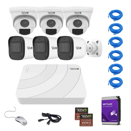 REVO ULTRA BLUE SERIES 8CH 4K PoE H.265 NVR, 2TB & 6x 5 Megapixel Indoor/Outdoor IR Cameras with built-in Mic – Remote access via PC, MAC & Phone