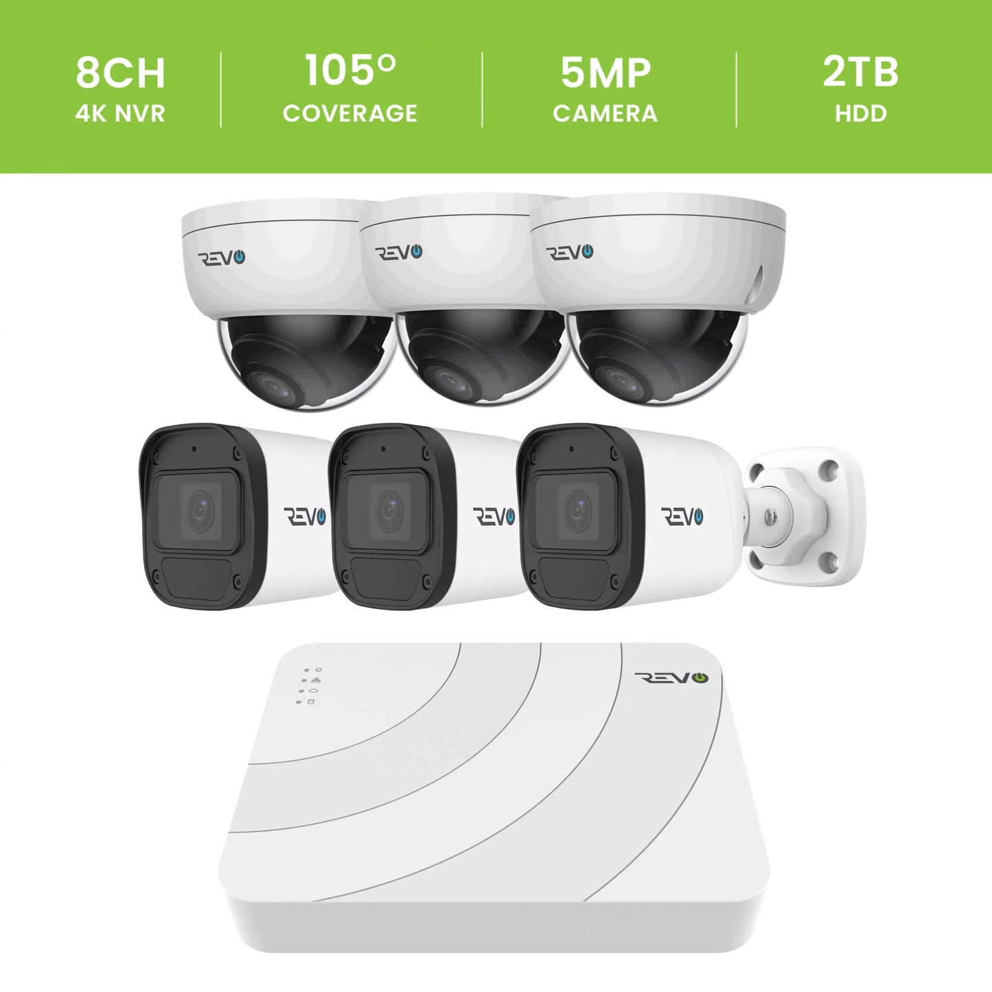 REVO ULTRA BLUE SERIES 8CH 4K PoE H.265 NVR, 2TB & 6x 5 Megapixel Indoor/Outdoor IR Cameras with – Remote access via PC, MAC & Phone