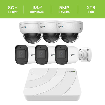 REVO ULTRA BLUE SERIES 8CH 4K PoE H.265 NVR, 2TB & 6x 5 Megapixel Indoor/Outdoor IR Cameras with – Remote access via PC, MAC & Phone