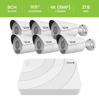 REVO ULTRA BLUE SERIES 8CH 4K PoE H.265 NVR, 2TB & 6x 4K (8 Megapixel) Indoor/Outdoor IR Cameras with built-in Mic – Remote access via PC, MAC & Phone  
