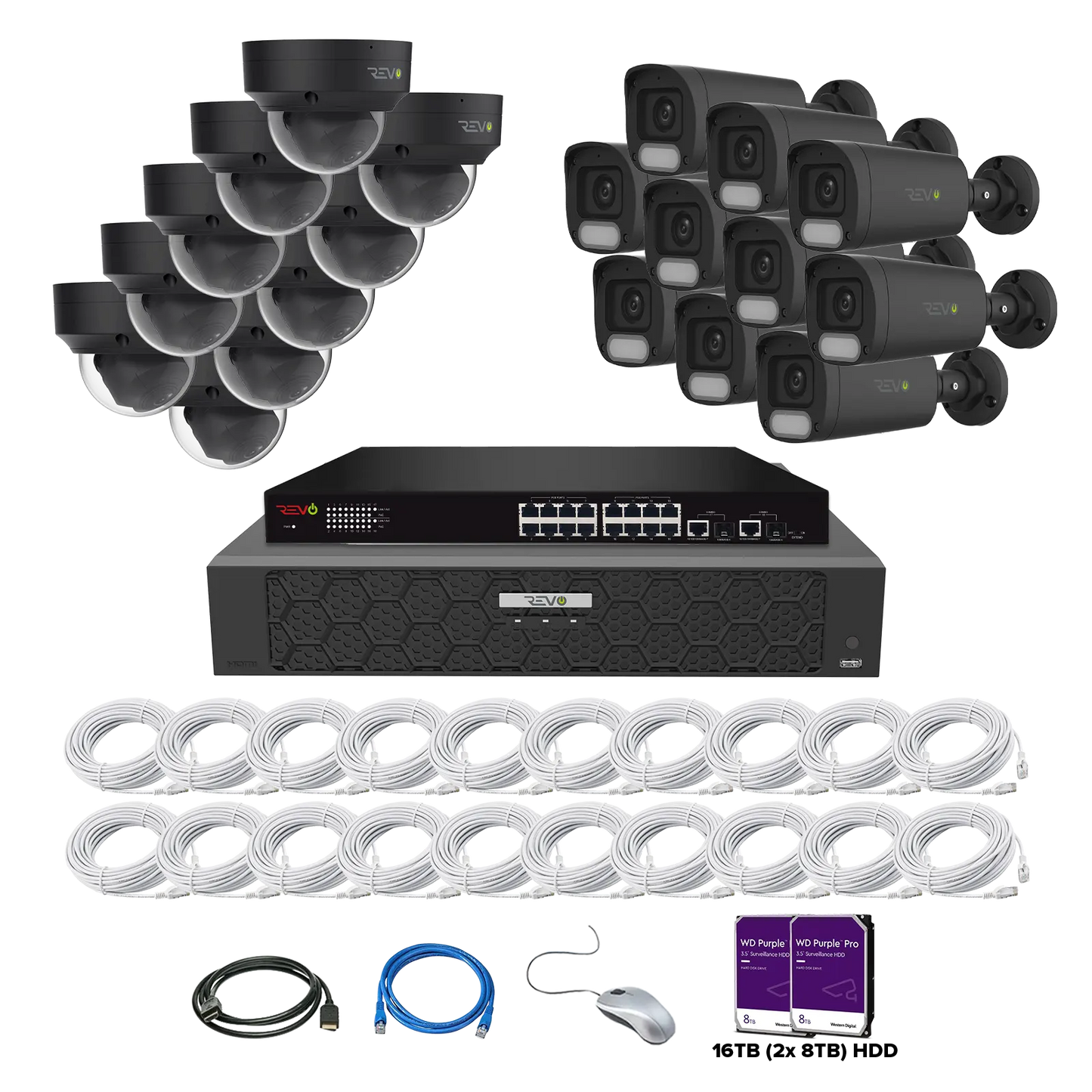 REVO ULTRA PLUS 32CH 4K PoE H.265NVR, 16TB & 20x 5 Megapixel LumeX Cameras with built-in Mic and color night vision – Remote Access Via PC, Mac & Phone