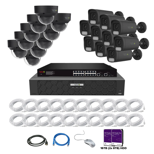 REVO ULTRA PLUS 32CH 4K PoE H.265NVR, 16TB & 20x 5 Megapixel LumeX Cameras with built-in Mic and color night vision – Remote Access Via PC, Mac & Phone