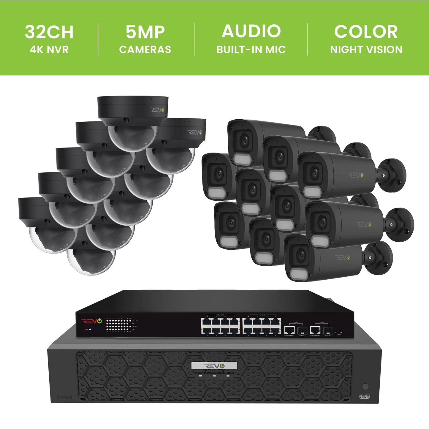 REVO ULTRA PLUS 32CH 4K PoE H.265NVR, 16TB & 20x 5 Megapixel LumeX Cameras with built-in Mic and color night vision – Remote Access Via PC, Mac & Phone