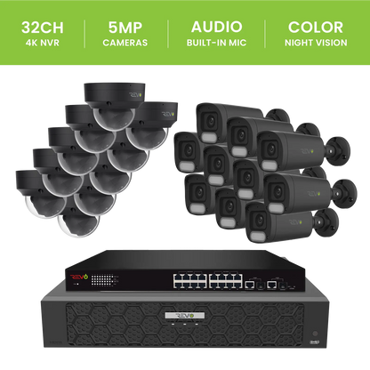 REVO ULTRA PLUS 32CH 4K PoE H.265NVR, 16TB & 20x 5 Megapixel LumeX Cameras with built-in Mic and color night vision – Remote Access Via PC, Mac & Phone