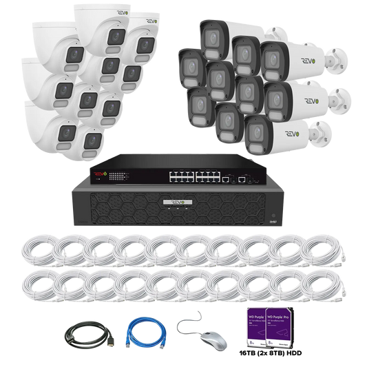 REVO ULTRA PLUS 32CH 4K PoE H.265NVR, 16TB & 20x 5 Megapixel LumeX Cameras with built-in Mic and color night vision – Remote Access Via PC, Mac & Phone