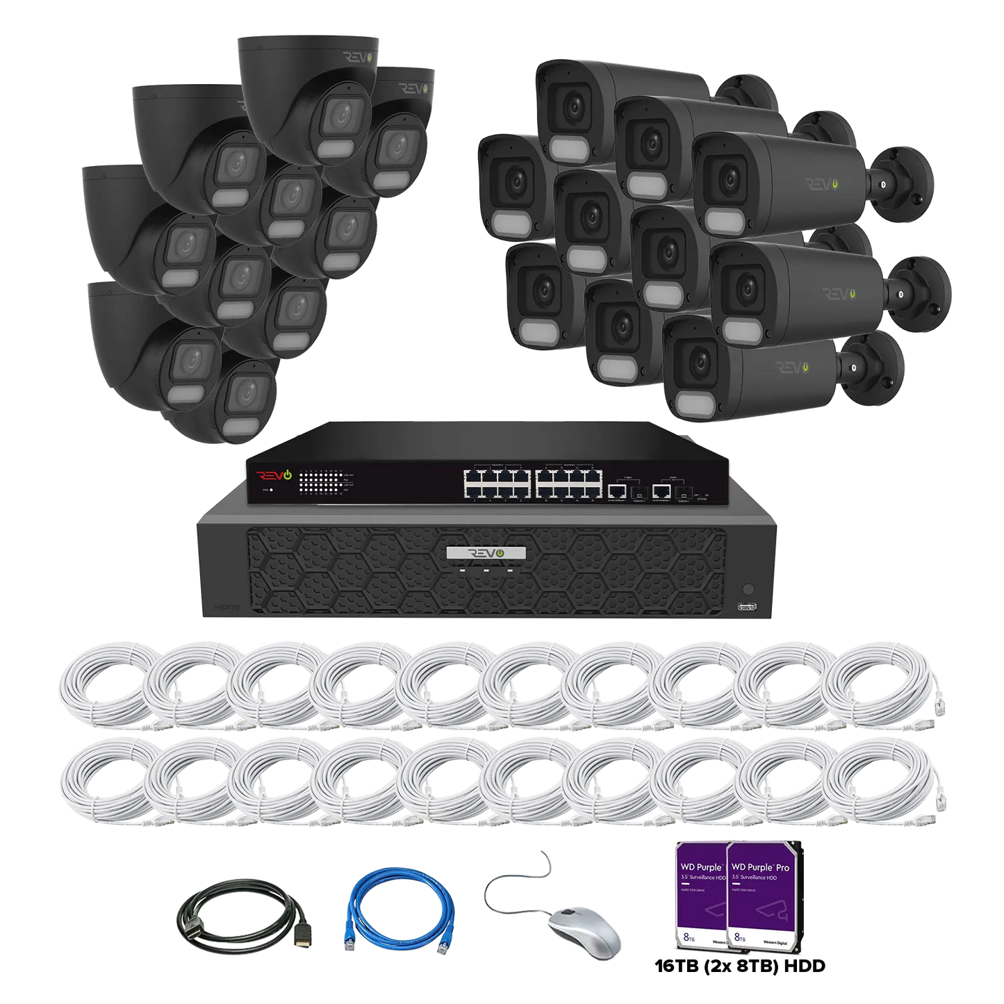 REVO ULTRA PLUS 32CH 4K PoE H.265NVR, 16TB & 20x 5 Megapixel LumeX Cameras with built-in Mic and color night vision – Remote Access Via PC, Mac & Phone