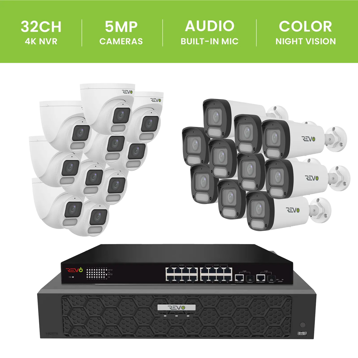 REVO ULTRA PLUS 32CH 4K PoE H.265NVR, 16TB & 20x 5 Megapixel LumeX Cameras with built-in Mic and color night vision – Remote Access Via PC, Mac & Phone