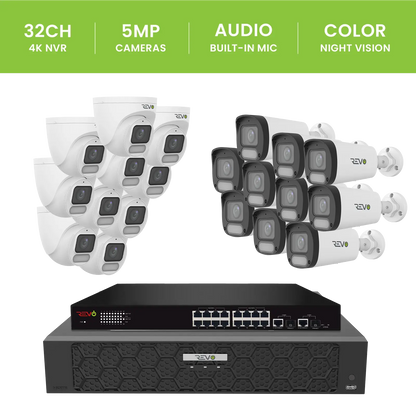REVO ULTRA PLUS 32CH 4K PoE H.265NVR, 16TB & 20x 5 Megapixel LumeX Cameras with built-in Mic and color night vision – Remote Access Via PC, Mac & Phone
