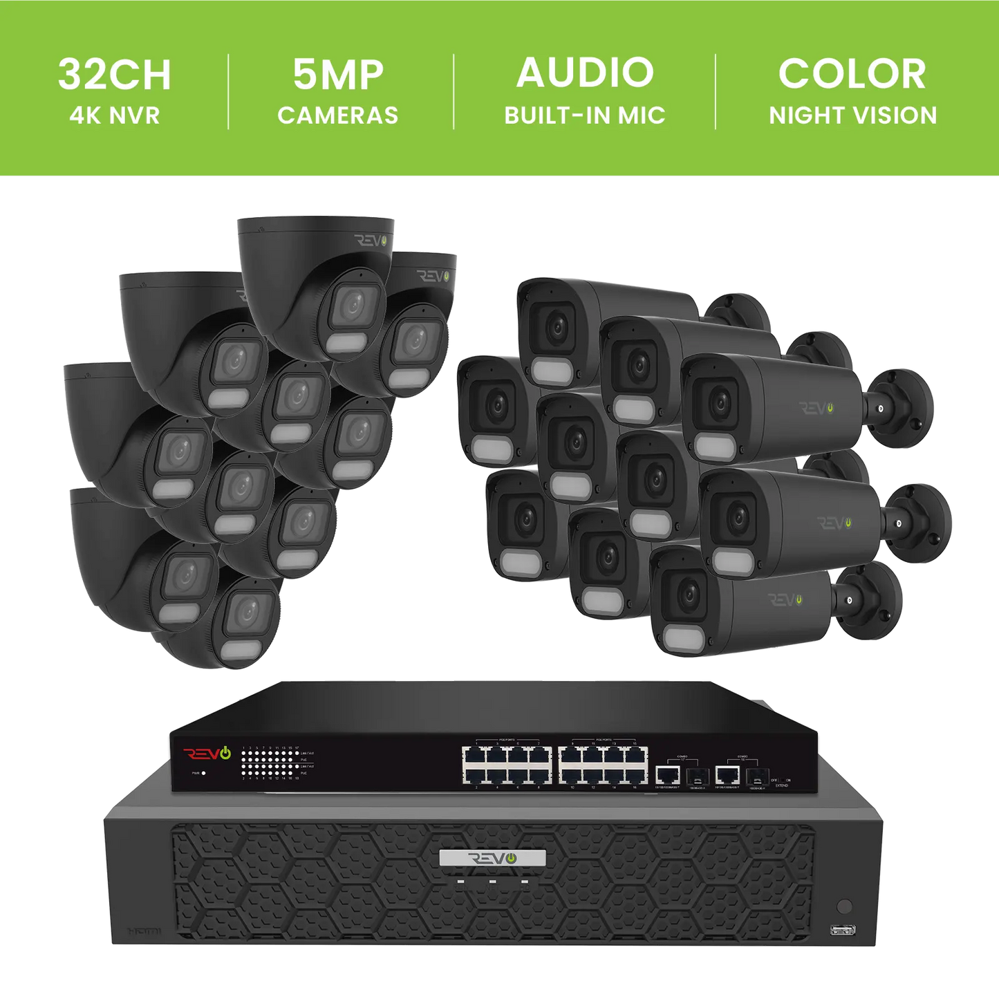 REVO ULTRA PLUS 32CH 4K PoE H.265NVR, 16TB & 20x 5 Megapixel LumeX Cameras with built-in Mic and color night vision – Remote Access Via PC, Mac & Phone