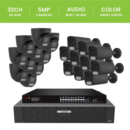 REVO ULTRA PLUS 32CH 4K PoE H.265NVR, 16TB & 20x 5 Megapixel LumeX Cameras with built-in Mic and color night vision – Remote Access Via PC, Mac & Phone