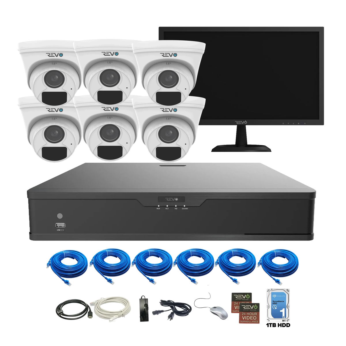 REVO Hybrid 8CH DVR, 1TB and 1080p 4 in 1 6x Analog HD IR Dome Camera System, 22" Monitor