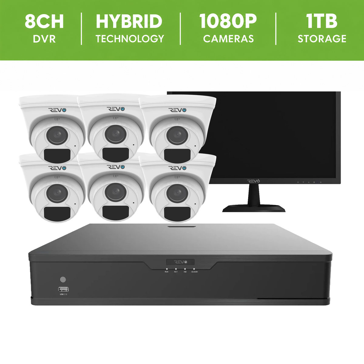 REVO Hybrid 8CH DVR, 1TB and 1080p 4 in 1 6x Analog HD IR Dome Camera System, 22" Monitor