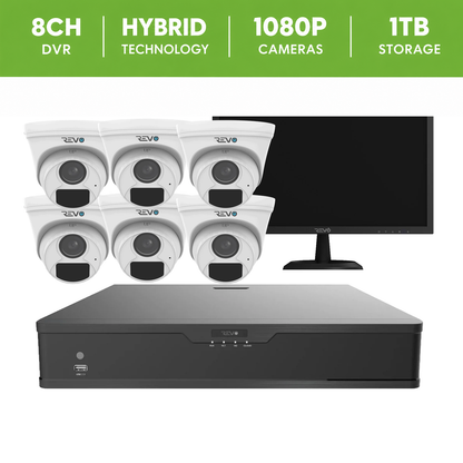 REVO Hybrid 8CH DVR, 1TB and 1080p 4 in 1 6x Analog HD IR Dome Camera System, 22" Monitor