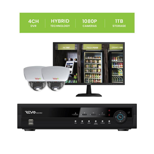 REVO 4CH 1TB DVR, 22" Monitor, 1080p Indoor/Outdoor IR 2 Mini Vandal Dome Cameras Security System