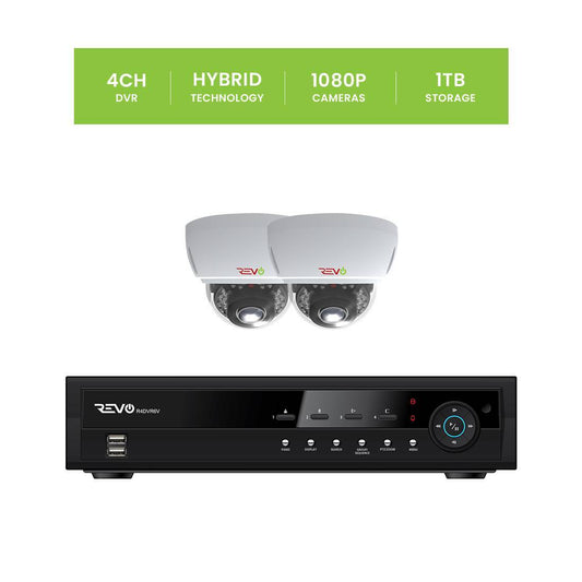 REVO 4 CH 1TB DVR, 1080p Indoor/Outdoor IR 2 Mini Vandal Dome Cameras Security System