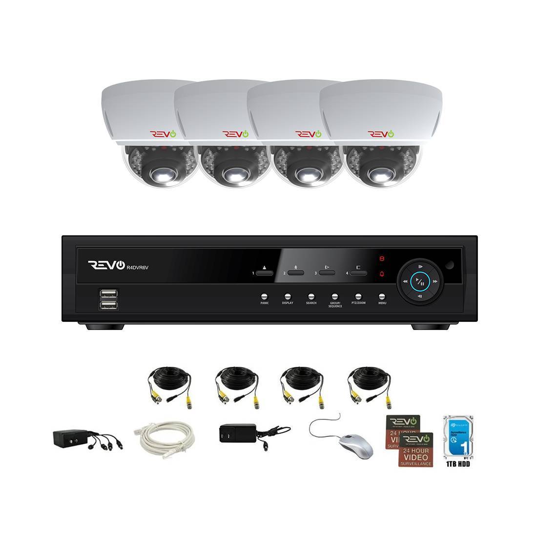 REVO 4 CH 1TB DVR, 1080p Indoor/Outdoor IR 4 Mini Vandal Dome Cameras Security System