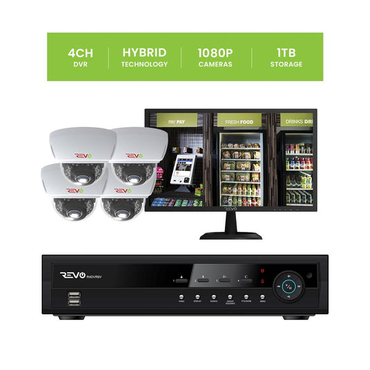 REVO 4CH 1TB DVR, 22" Monitor, 1080p Indoor/Outdoor IR 4 Mini Vandal Dome Cameras Security System