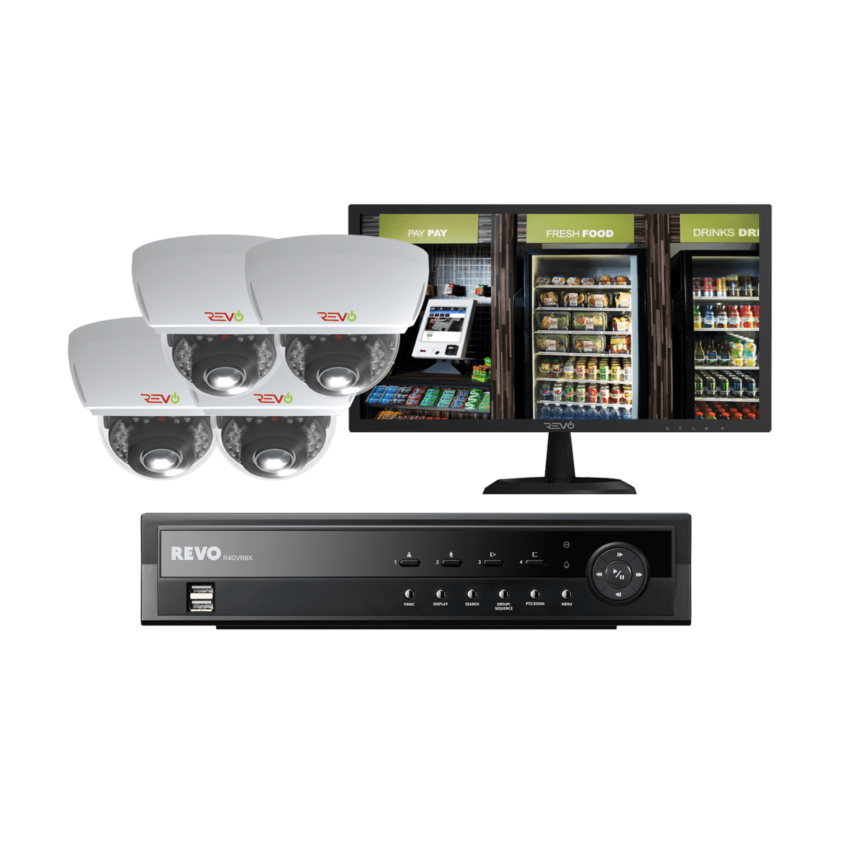 REVO 4CH 1TB DVR, 22" Monitor, 1080p Indoor/Outdoor IR 4 Mini Vandal Dome Cameras Security System