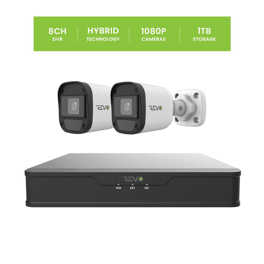 REVO Hybrid 8CH DVR, 1TB and 1080p Indoor/Outdoor 2 IR Bullet Cameras