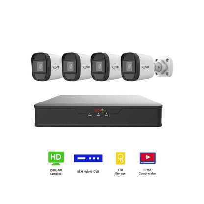 REVO Hybrid 8CH DVR, 1TB and 1080p Indoor/Outdoor IR Bullet Cameras