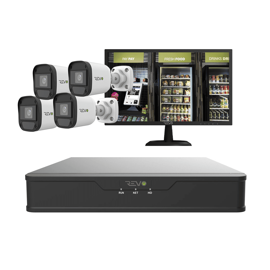 REVO Hybrid 8CH DVR, 1TB and 1080p Indoor/Outdoor 4 IR Bullet Cameras, 22" Monitor