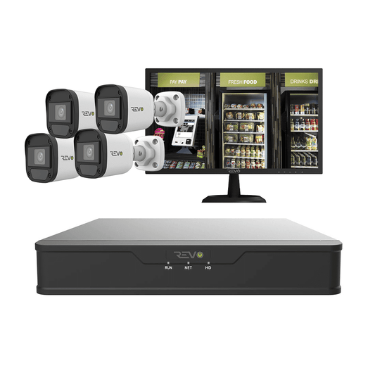 REVO Hybrid 8CH DVR, 1TB and 1080p Indoor/Outdoor 4 IR Bullet Cameras, 22" Monitor