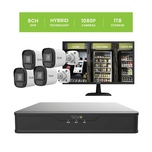 REVO Hybrid 8CH DVR, 1TB and 1080p Indoor/Outdoor 4 IR Bullet Cameras, 22" Monitor