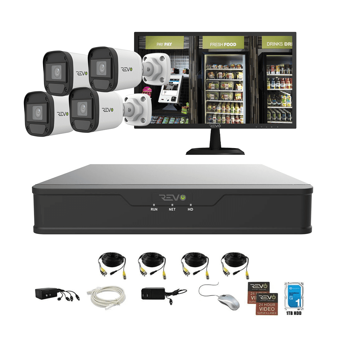 REVO Hybrid 8CH DVR, 1TB and 1080p Indoor/Outdoor 4 IR Bullet Cameras, 22" Monitor
