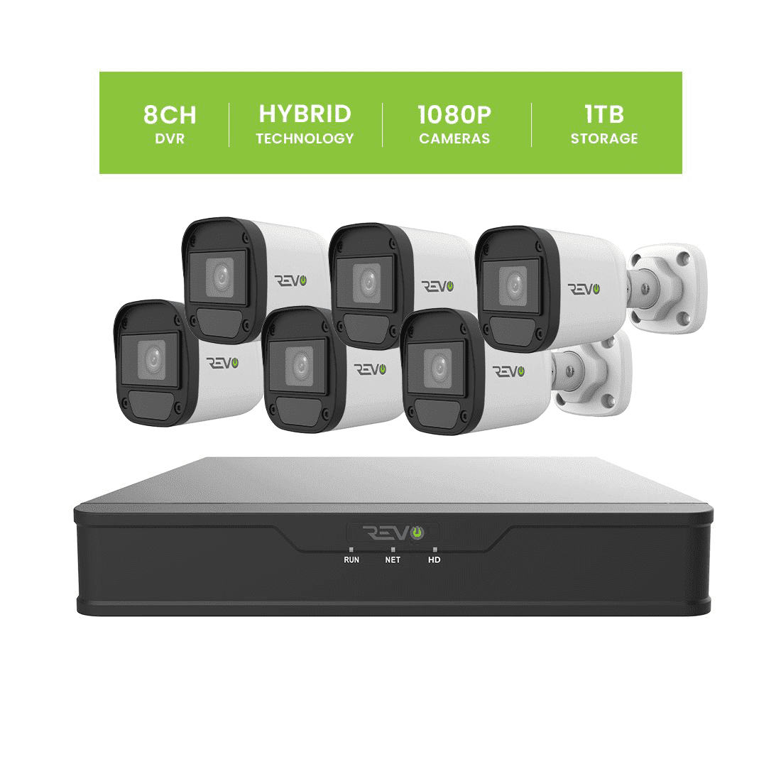 REVO Hybrid 8CH DVR, 1TB and 1080p Indoor/Outdoor 6 IR Bullet Cameras