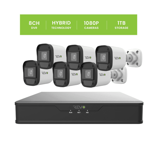 REVO Hybrid 8CH DVR, 1TB and 1080p Indoor/Outdoor 6 IR Bullet Cameras