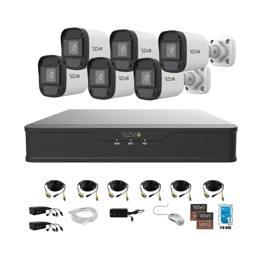 REVO Hybrid 8CH DVR, 1TB and 1080p Indoor/Outdoor 6 IR Bullet Cameras