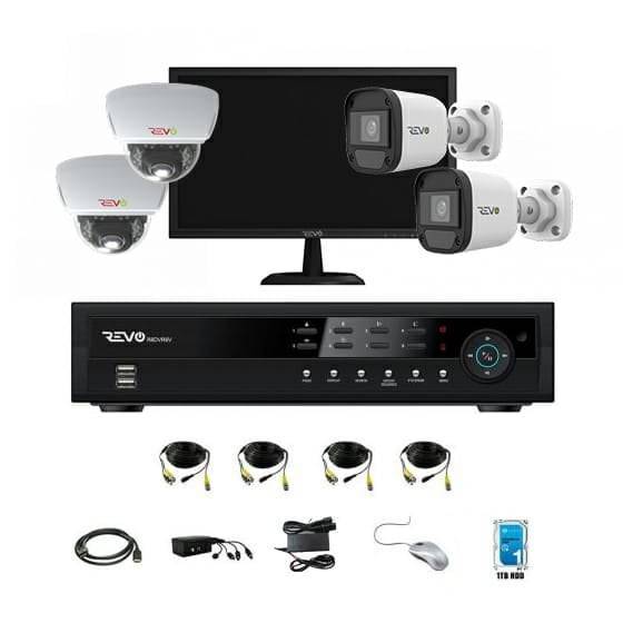 REVO 4CH 1TB DVR, 22" Monitor, 1080p Indoor/Outdoor IR 2 Bullet Cameras, 2 Mini Vandal Dome Cameras Security System